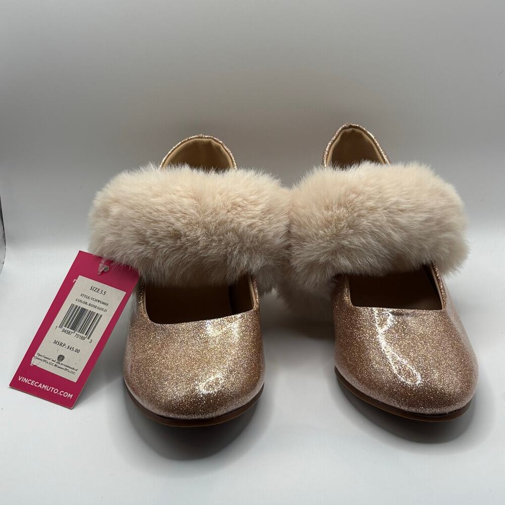 NWT Vince Camuto Girls Mary Jane Pumps Rose Gold Glitter Rhinestone Heel Fur 3.5